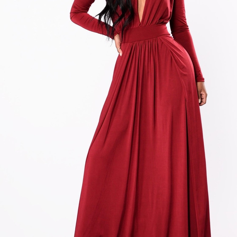 Fashion Nova Wine Red Deep V Long Sleeve Maxi Dress
